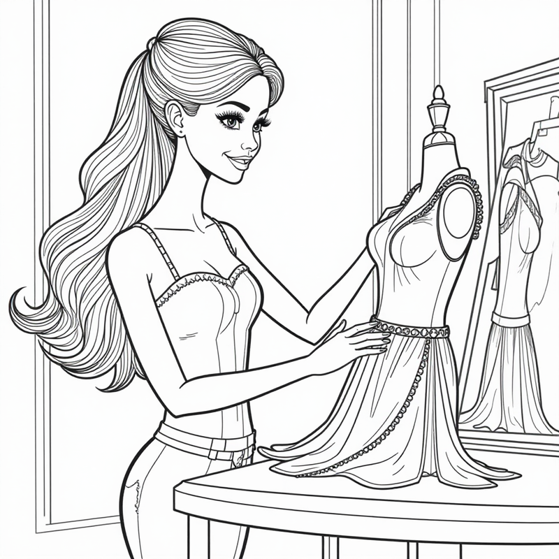 Barbie designing a dress in her fashion studio