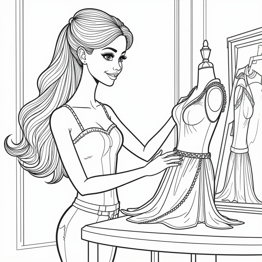 Barbie designing a dress in her fashion studio