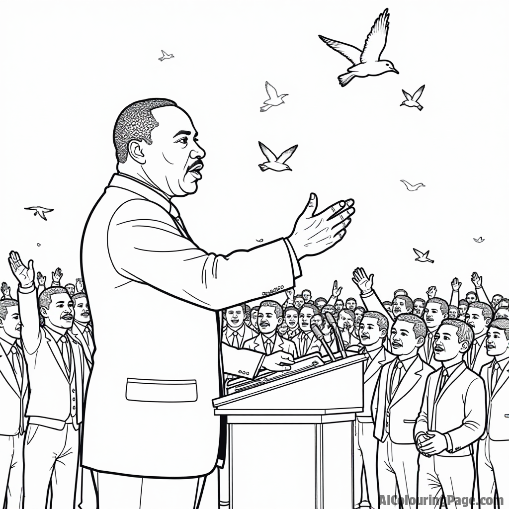 A historical scene depicting Martin Luther King Jr. giving his iconic speech, surrounded by cheering crowds, with birds flying overhead, inviting kids to color their imagination.