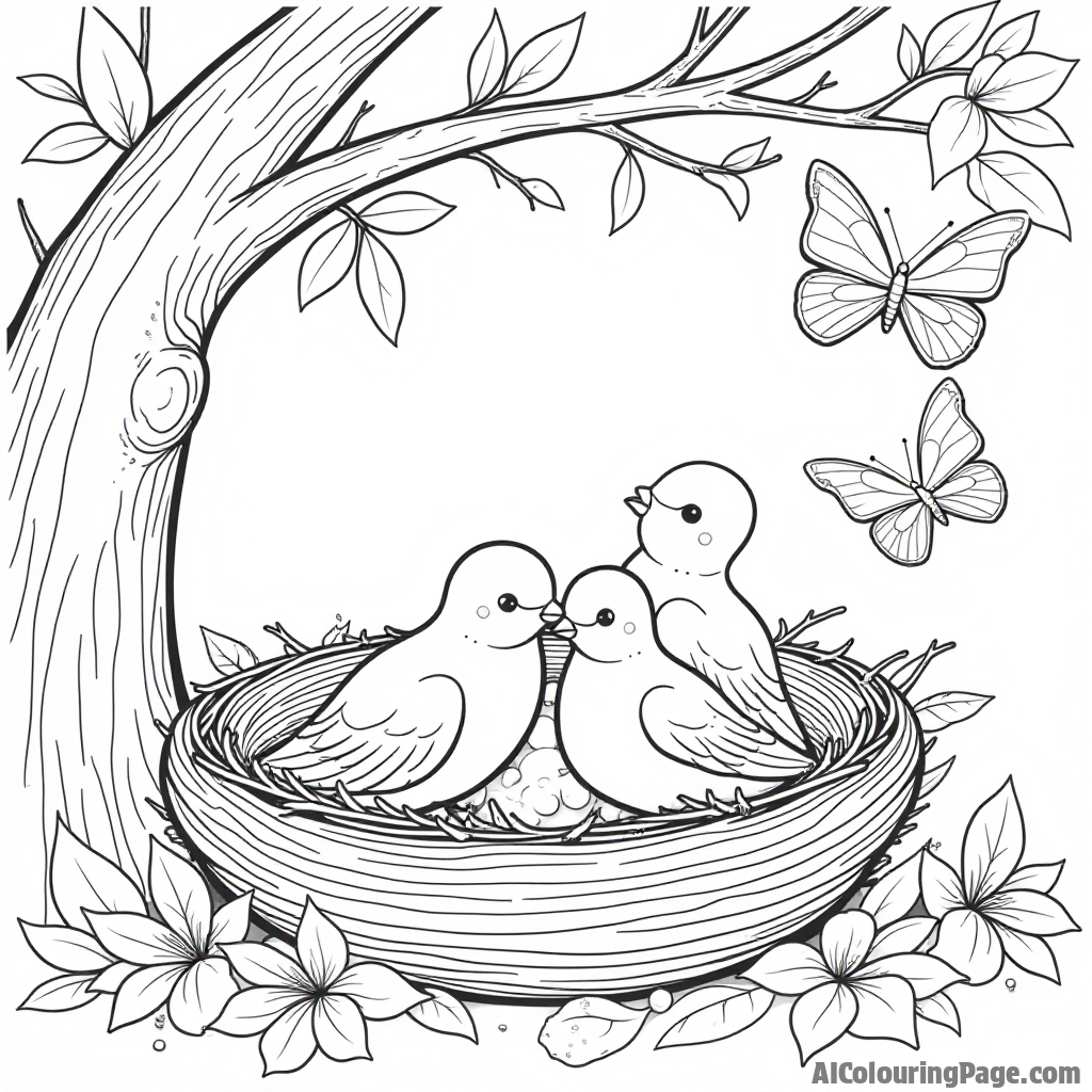 A family of doves nestled in a cozy nest in a tree, surrounded by leaves and playful butterflies for kids.