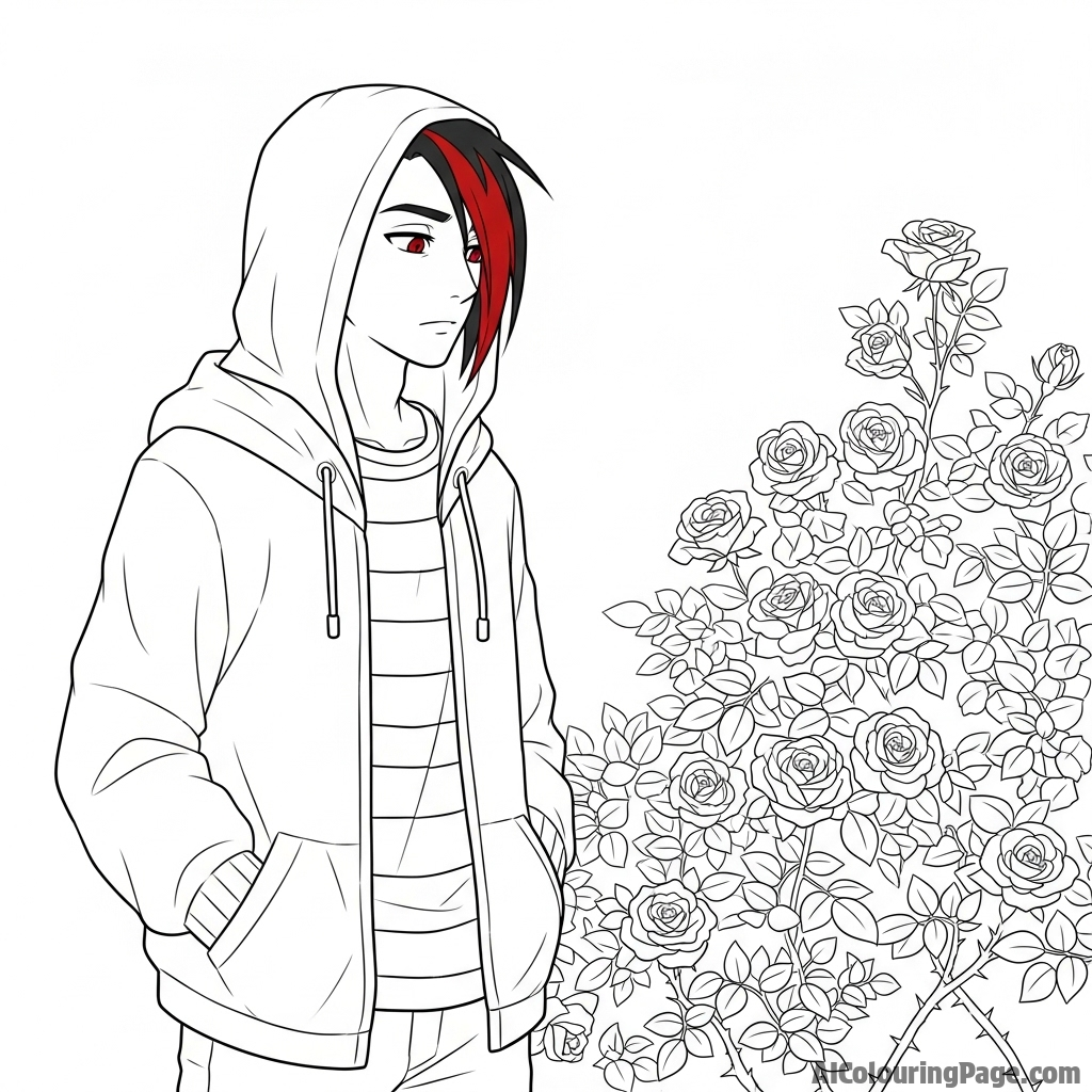 Zane Ro’Meave looking contemplative beside a rose bush.