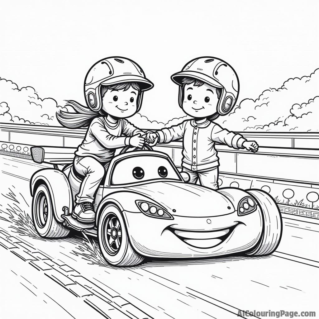 A race car and a skateboarder sharing the track, showcasing teamwork and fun activities, perfect for inspiring kids to think about different sports and coloring them together.