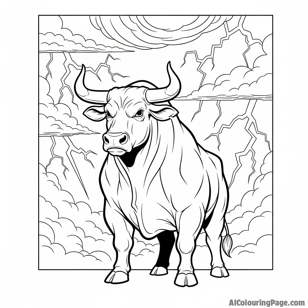 A powerful, stoic cow standing against a dramatic, stormy sky.
