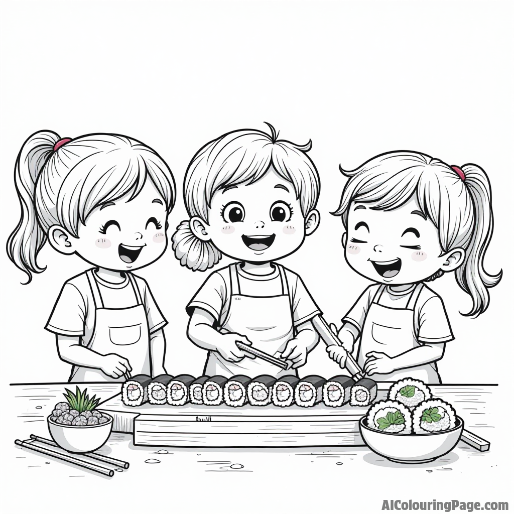 A sushi-making party with children happily preparing sushi rolls, using fresh vegetables, and colorful toppings all around.