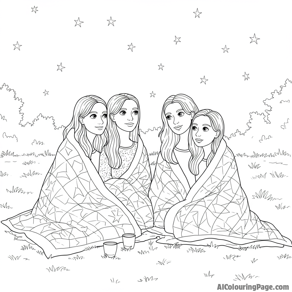 Female companions stargazing on a warm summer night, blankets and whispers.