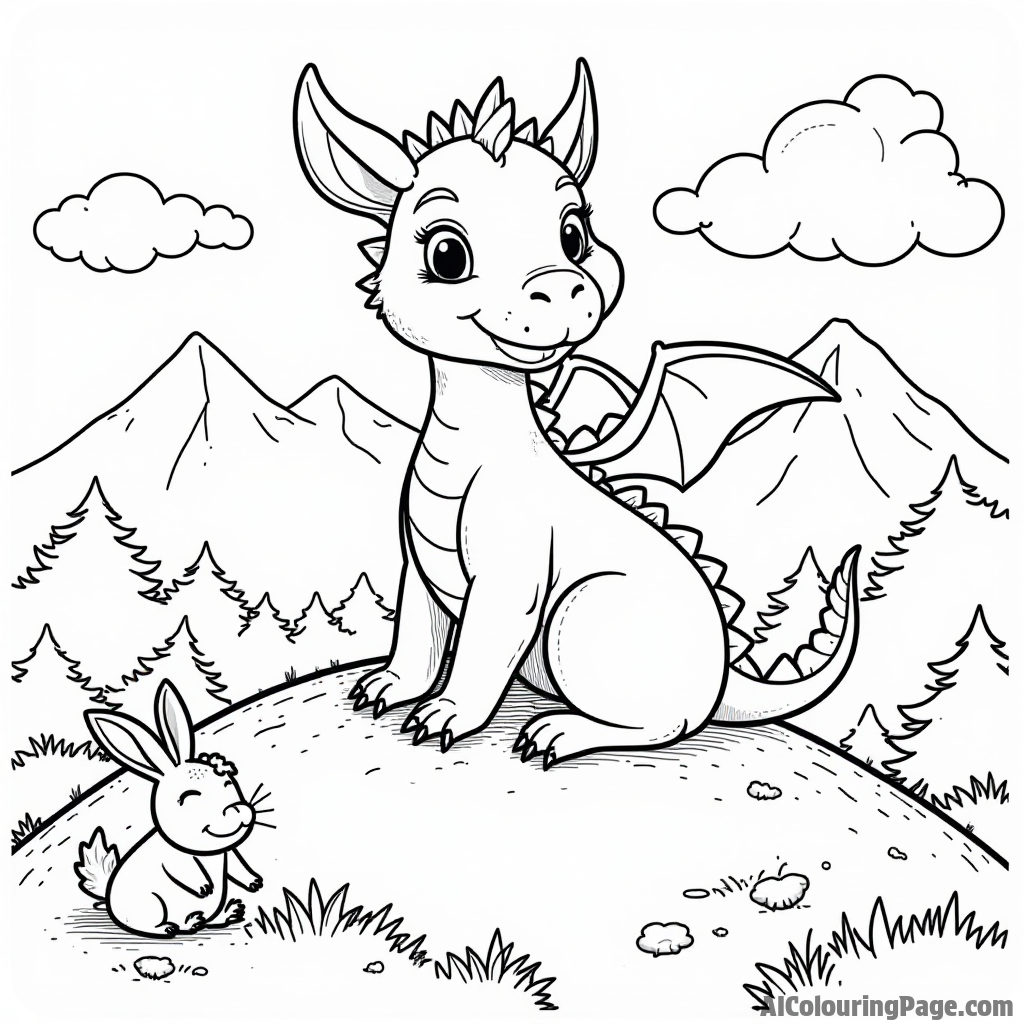 A friendly dragon sitting on a hill, surrounded by trees and mountains, with a curious rabbit peeking from behind a bush.