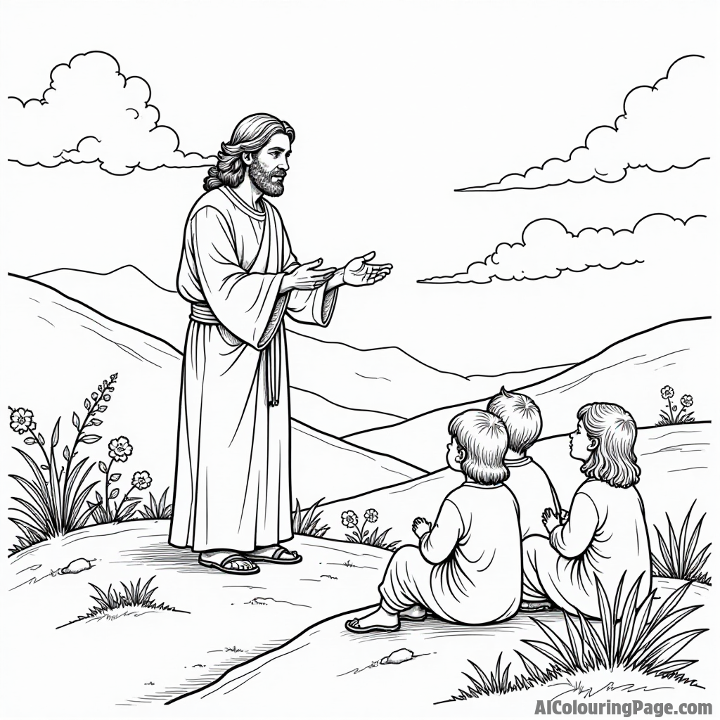 A peaceful moment of Jesus teaching on a hillside, with children sitting around him and flowers blooming nearby.