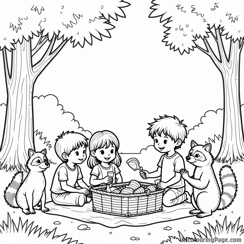 A lively forest picnic with children, a picnic basket, and playful raccoons sneaking snacks while surrounded by tall trees.