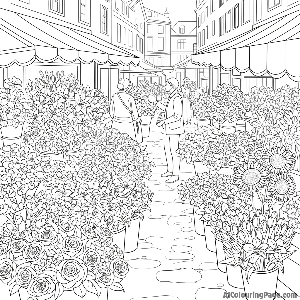 Abstract painting of a vibrant, bustling flower market.