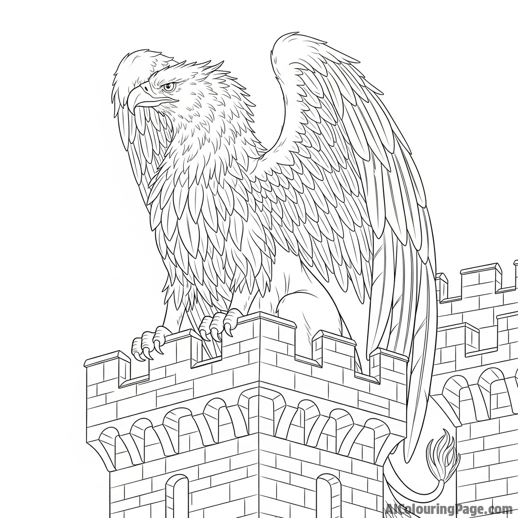 A fantastical griffin perched atop a medieval castle battlement