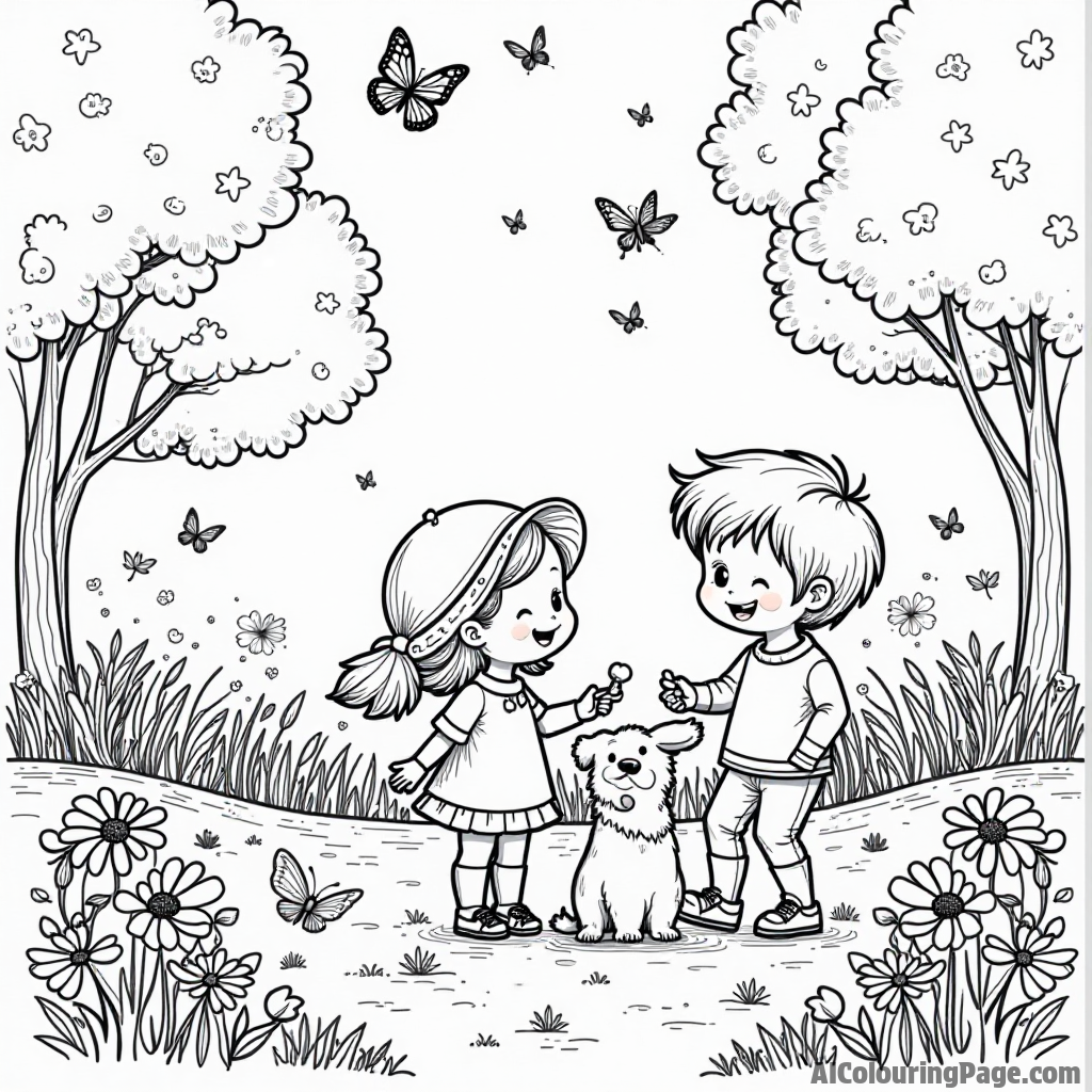 A magical garden with butterflies fluttering around, flowers blooming, and kids playing with a friendly dog in the autumn sun.