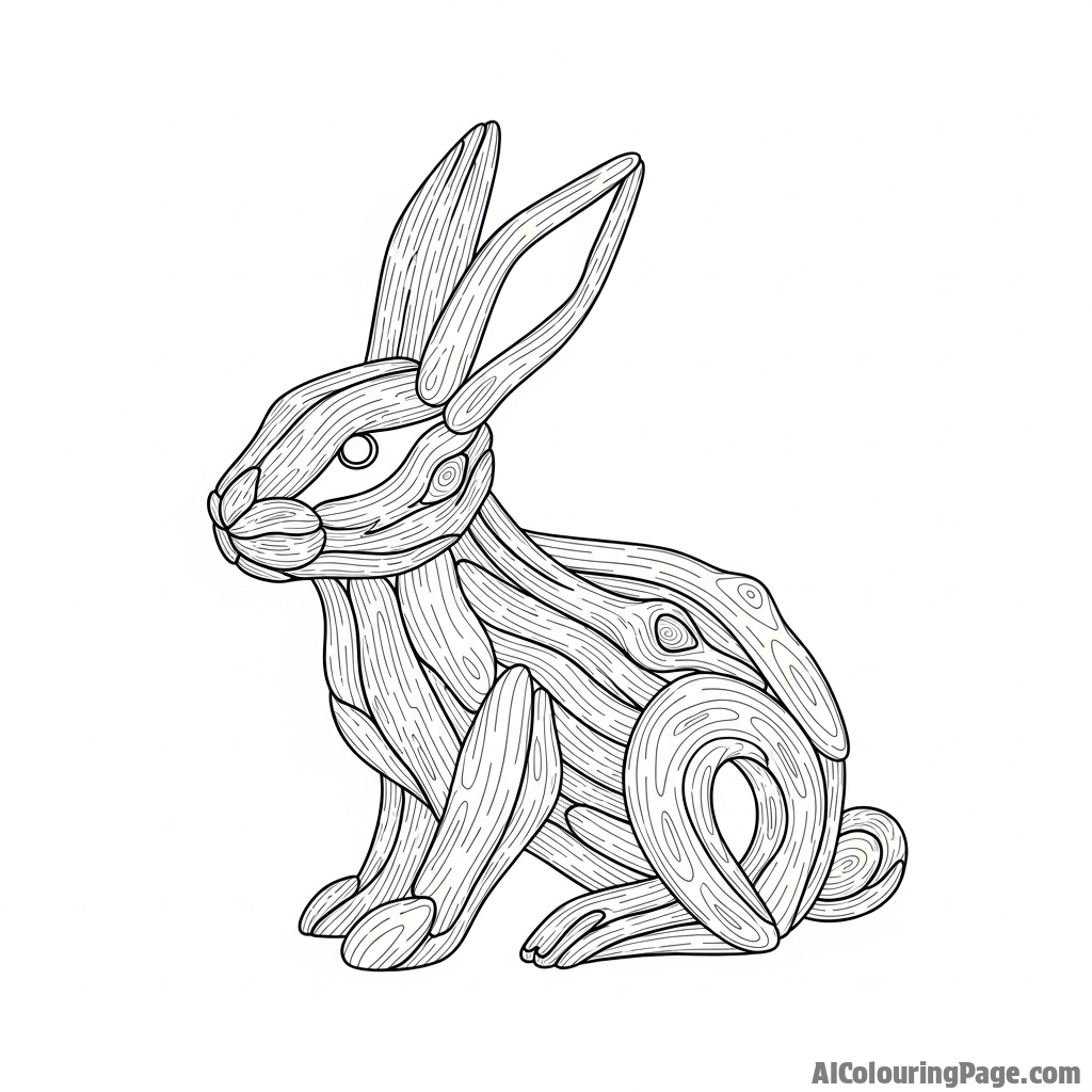 An abstract sculpture of a bunny, formed from twisted, weathered driftwood.