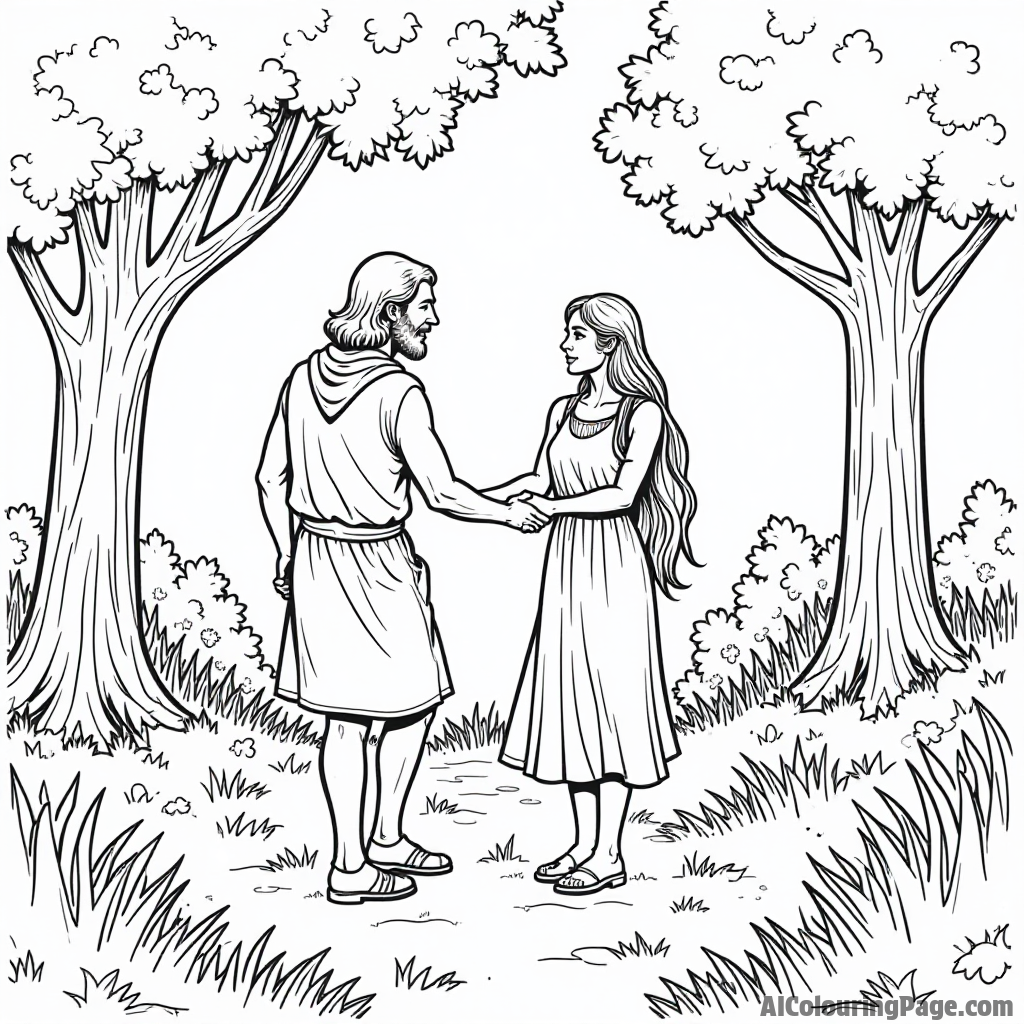 Adam and Eve exploring a hidden path in the Garden