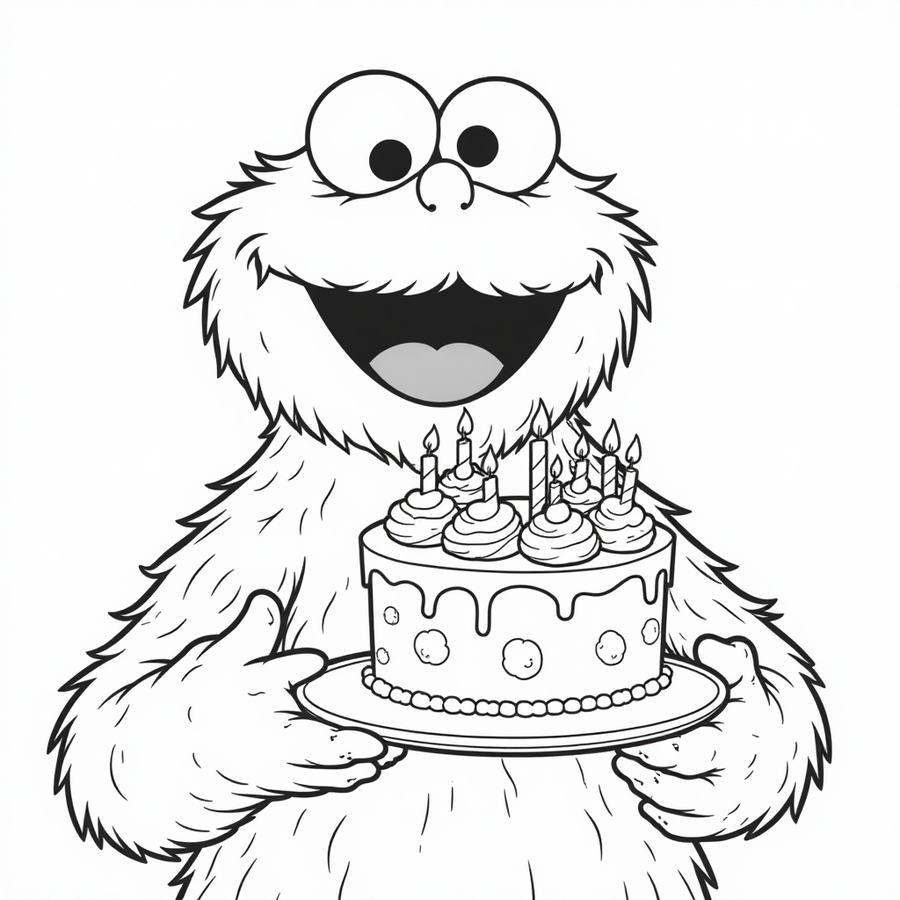 Cookie Monster holding a birthday cake