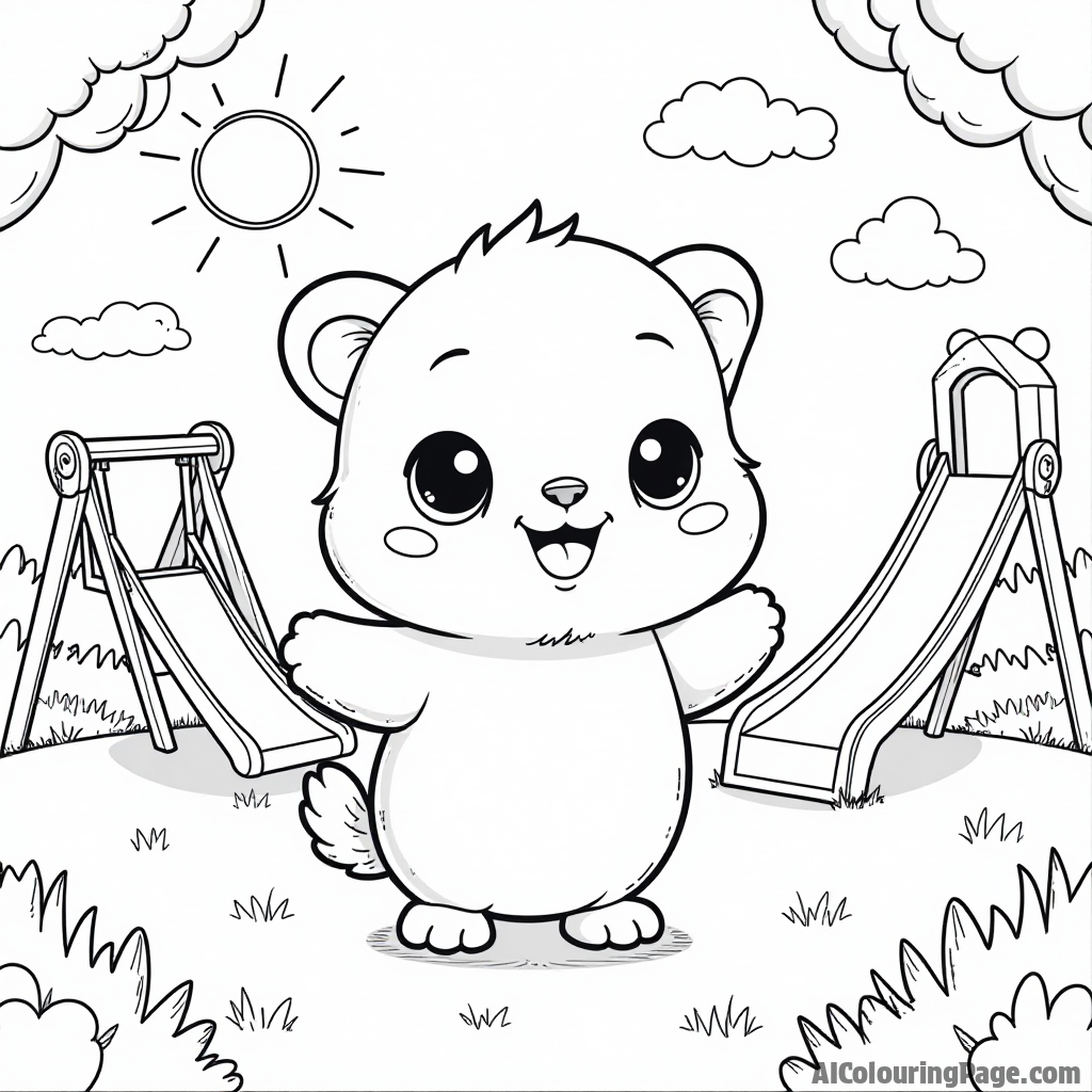 A Hatchimal enjoying a sunny day at the playground with slides and swings, creating a joyful scene for kids to color vibrantly in this Toys and Games Coloring Pages theme.