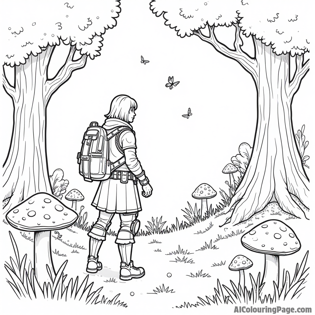 A Fortnite character exploring a magical forest with fairies and glowing mushrooms all around for kids to color