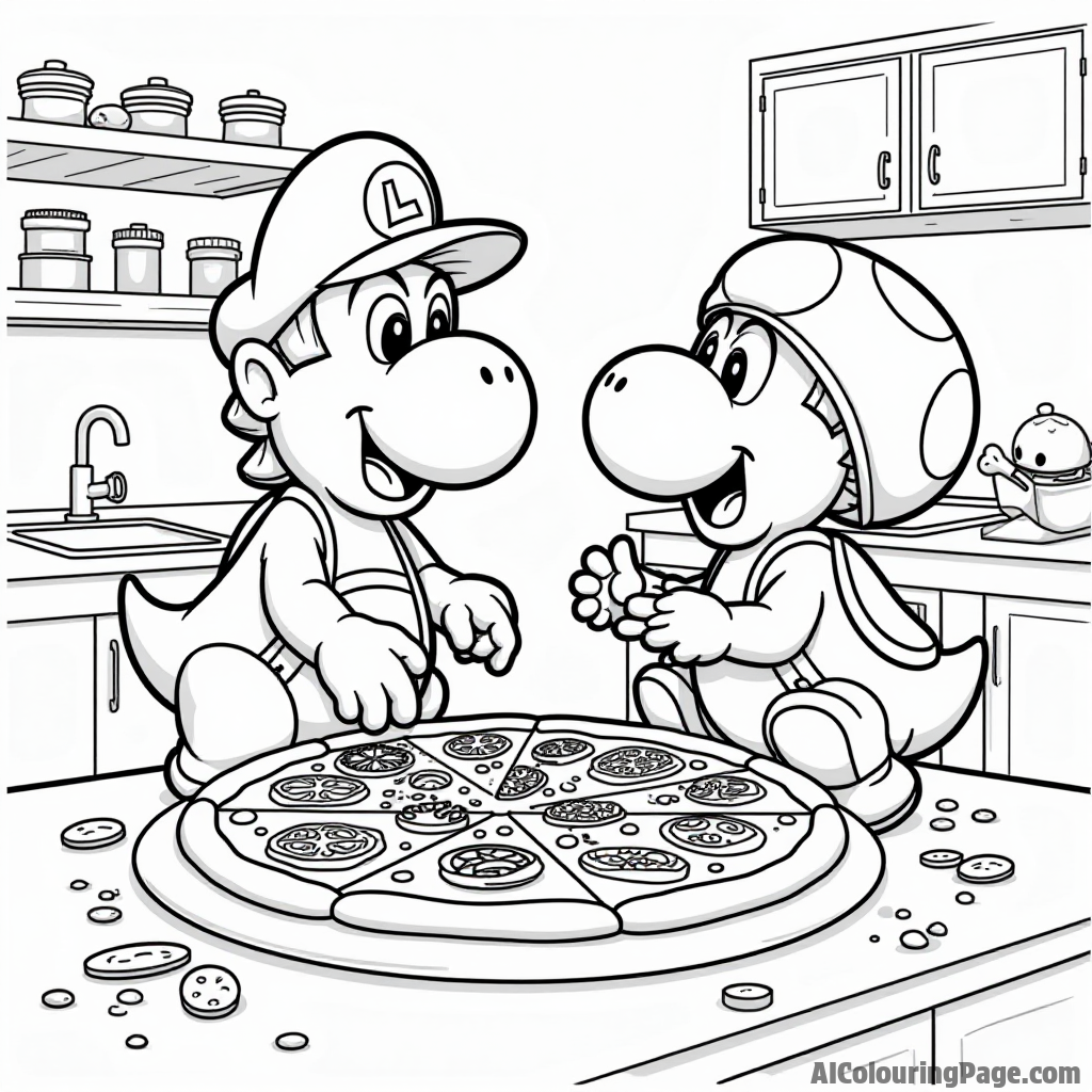 Yoshi and Toad making a giant pizza in the kitchen with toppings scattered everywhere.