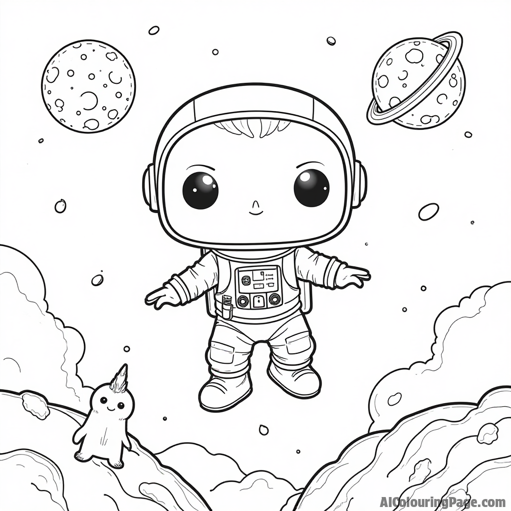 A Funko Pop astronaut floating in space, with a colorful planet and a friendly alien beside him, creating a cosmic scene full of fun and exploration for a coloring page.