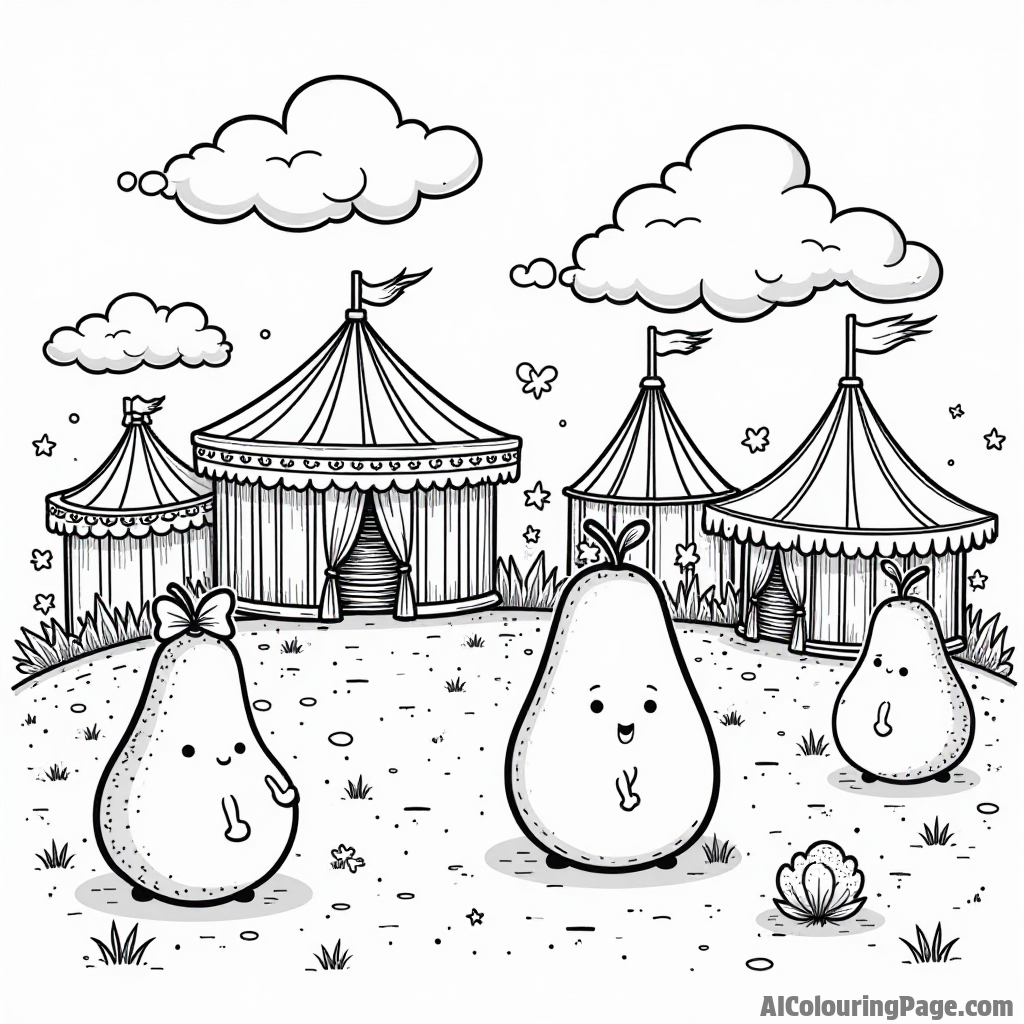 A pear-themed carnival with games, rides, and cotton candy, inviting kids to color their fun fair experience.