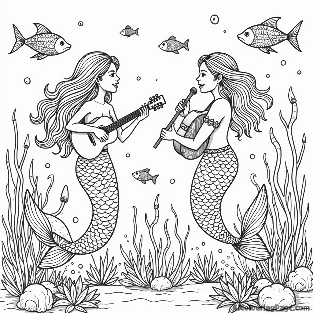 A stunning underwater concert where mermaids sing and play instruments made of shells, surrounded by dancing fish.