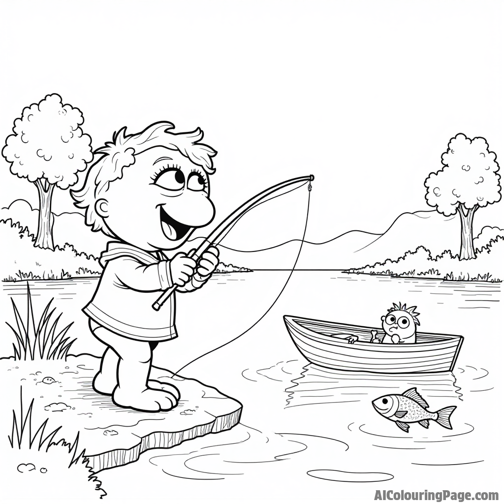 A Muppet baby fishing by a serene lake, with a fishing rod, a small boat, and jumping fish in the water.