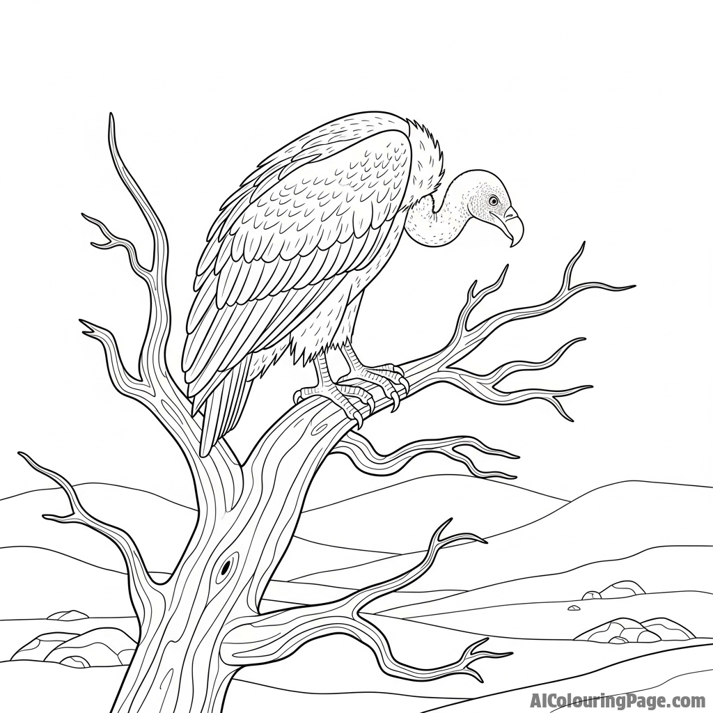 A vulture perched on a dead tree, surveying the landscape below