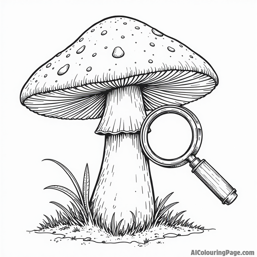 A mushroom looking through a magnifying glass