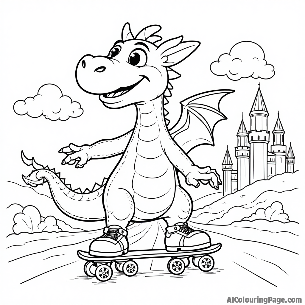 A friendly dragon roller-skating in a fantasy land, with castles and clouds in the background, blending adventure and sports in a creative coloring page for imaginative kids.