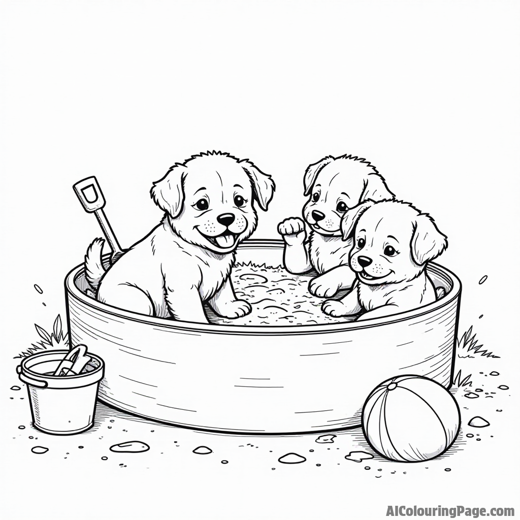 A group of puppies playing in a large colorful sandbox, with shovels, buckets, and a beach ball scattered around.