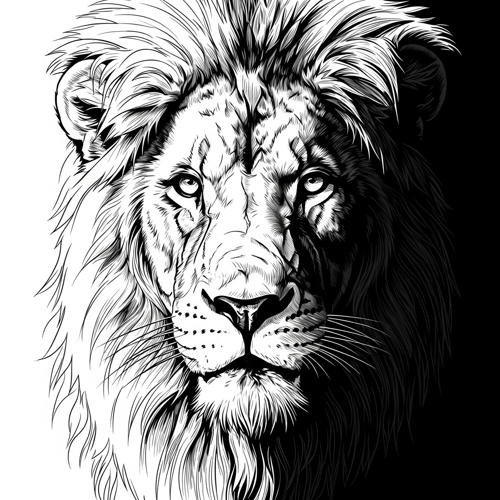 A high-contrast, dramatic portrait of a lion emerging from deep shadows.