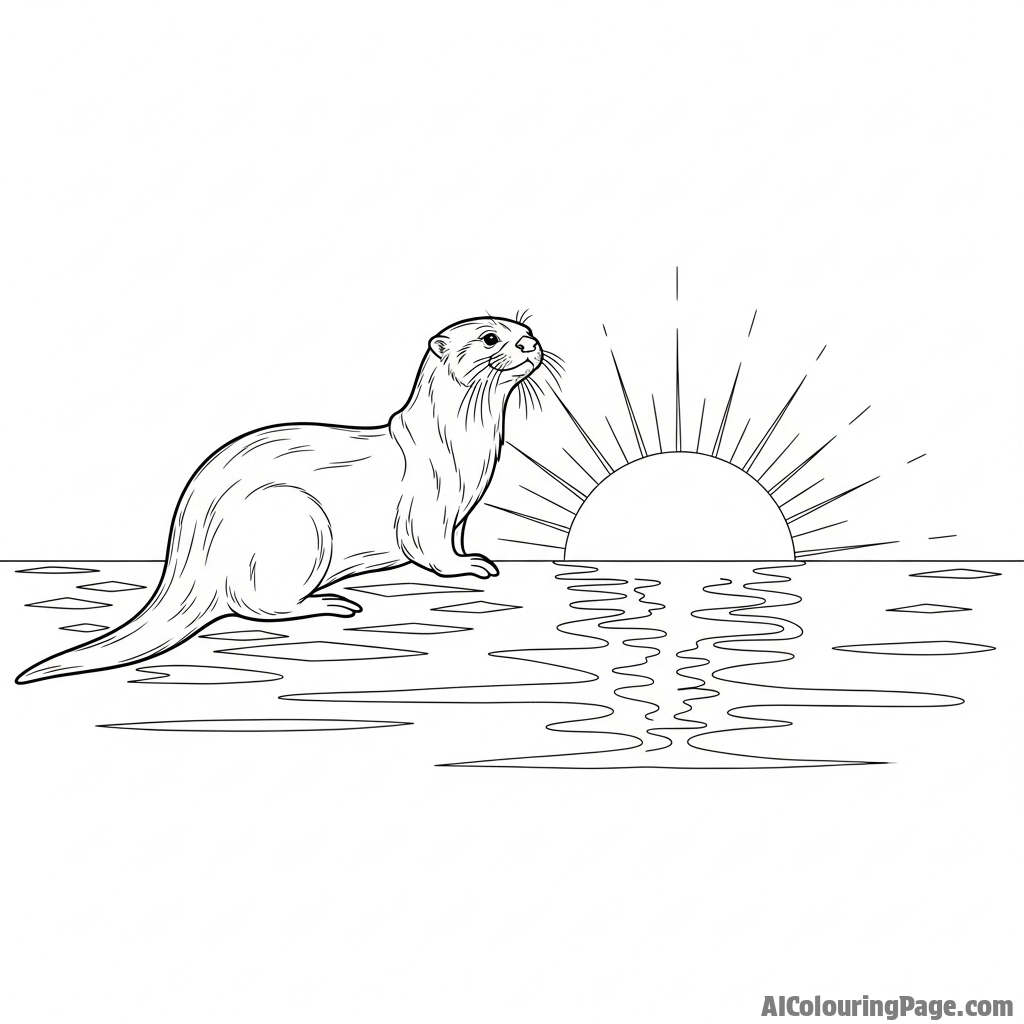 The silhouette of an otter against a bright, shimmering sunset over the water.
