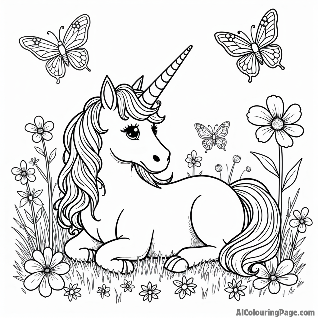 A unicorn lounging in a meadow filled with giant flowers and friendly butterflies fluttering around, inviting creativity and fun.