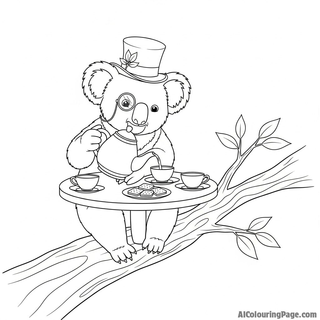 A whimsical illustration of a koala in a top hat, having a tea party on a branch.