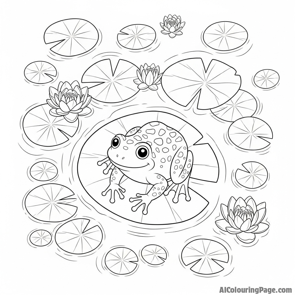 A top-down view of a frog on a lily pad in a pond full of them.