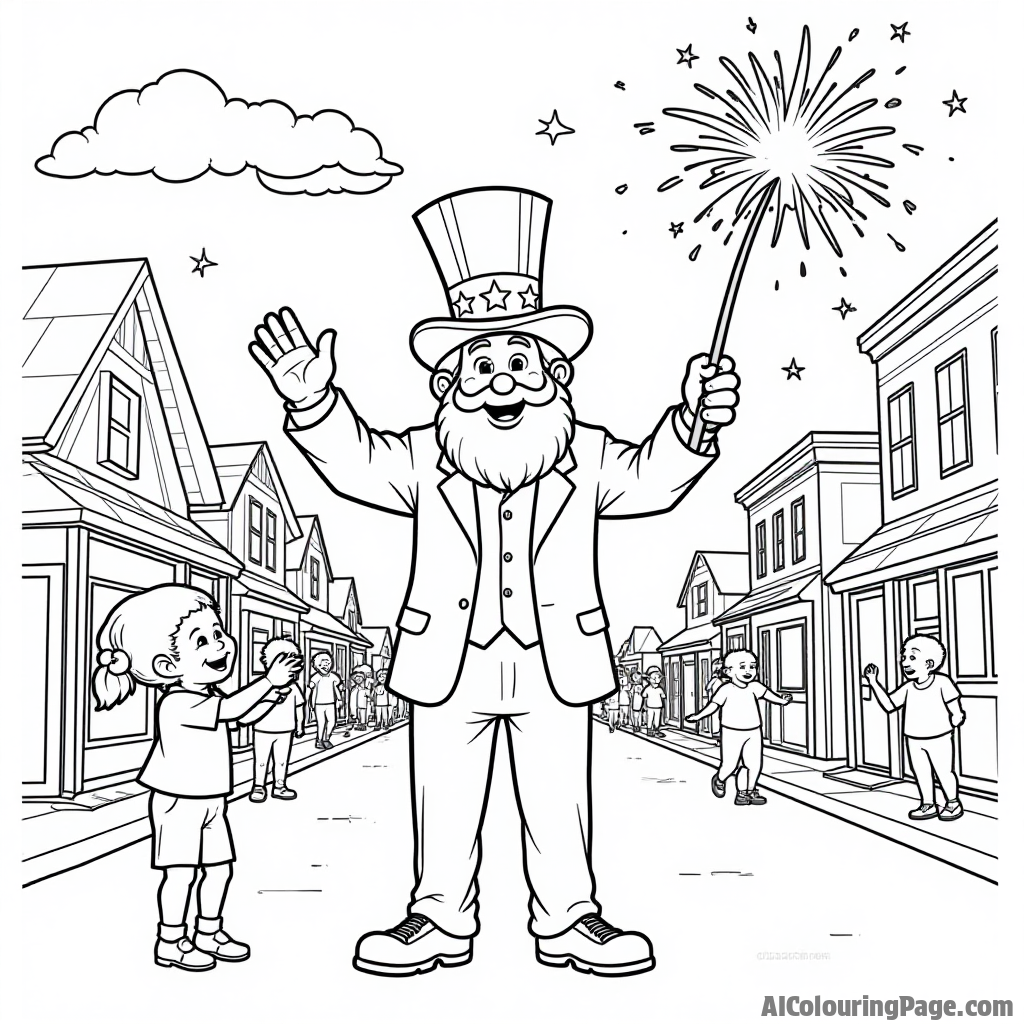 A cheerful uncle Sam character waving to children while holding a giant firework, set against a backdrop of a small-town 4th of July parade.