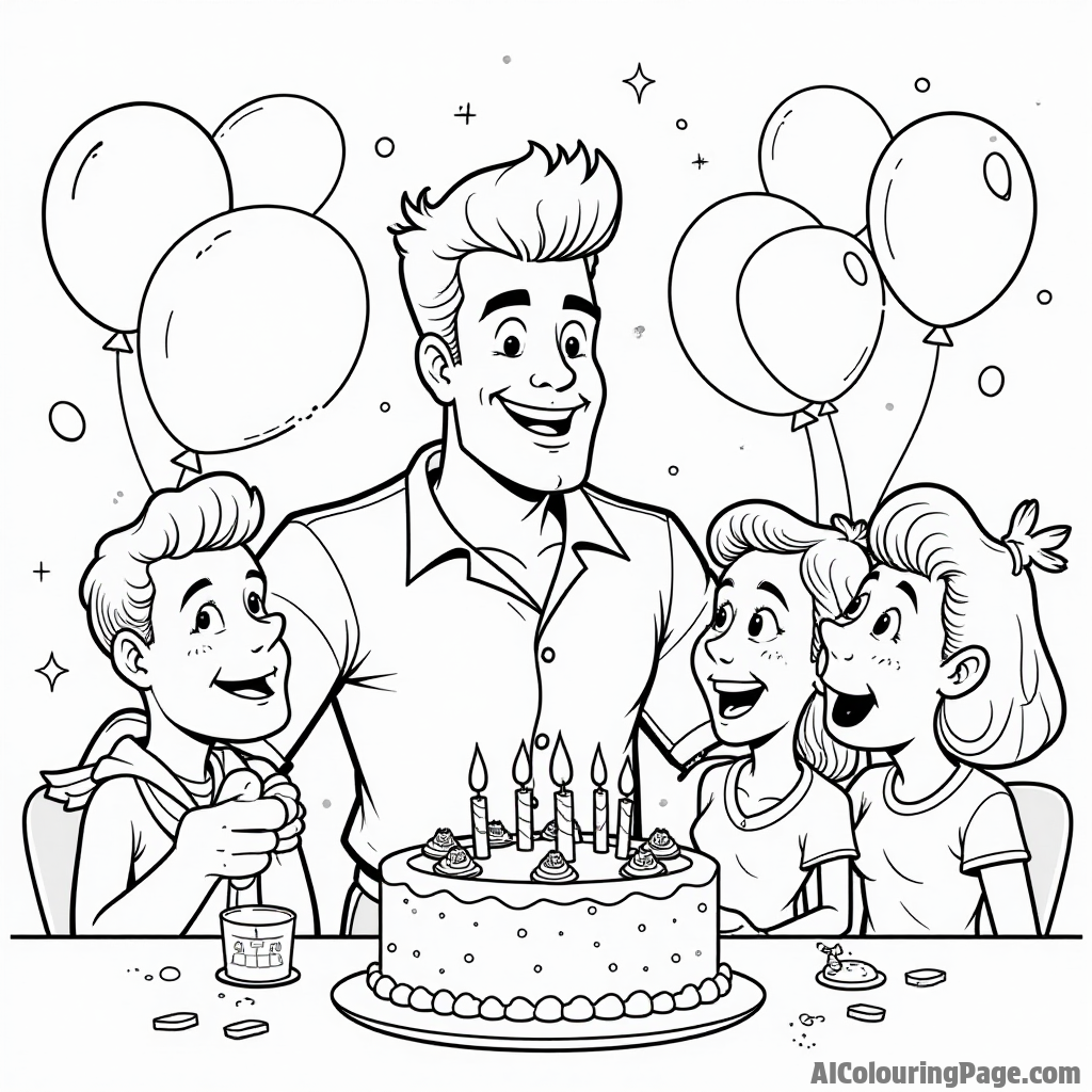 Johnny Bravo at a birthday party with balloons, a cake, and friends