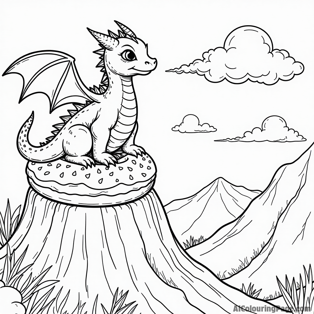 A fairy tale scene featuring a donut dragon perched on a donut mountain, breathing sweet icing instead of fire.