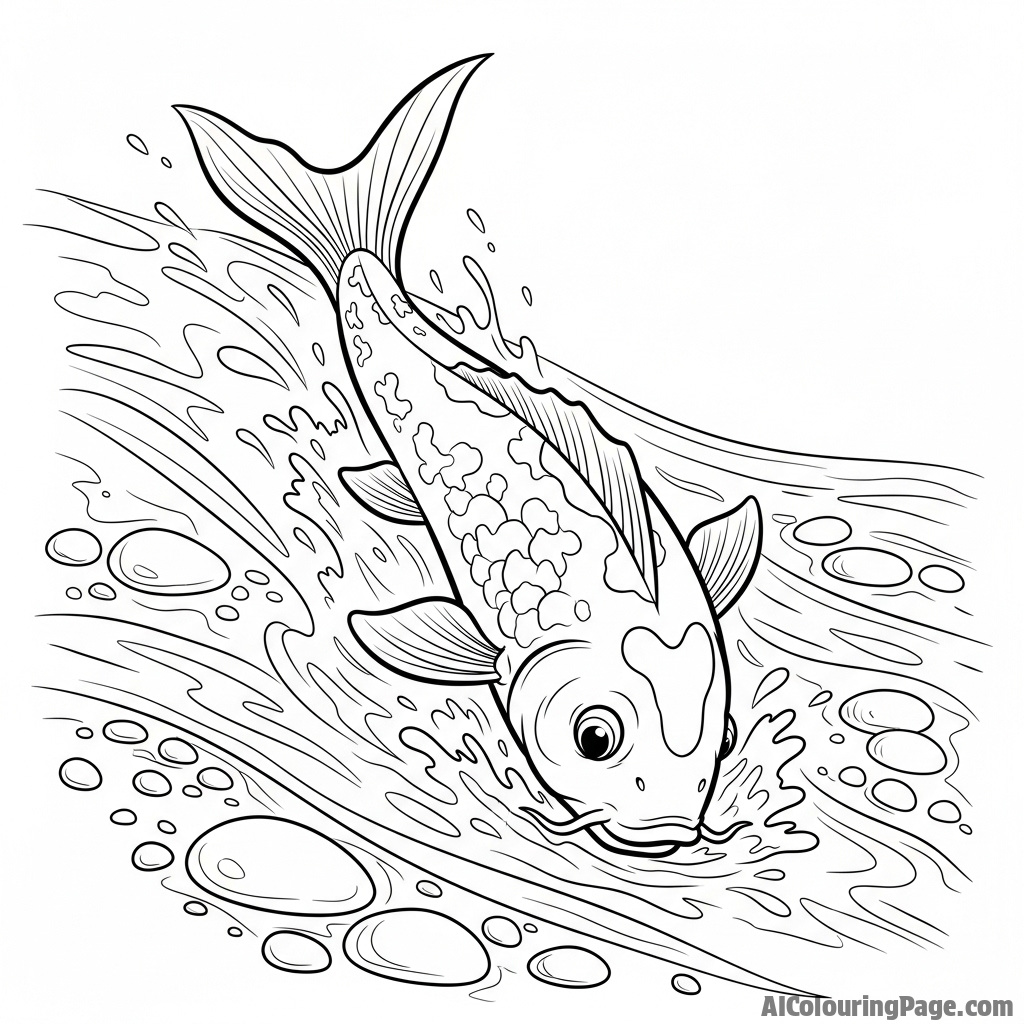A koi swimming upstream in a shallow, fast-moving brook, its body taut with effort.