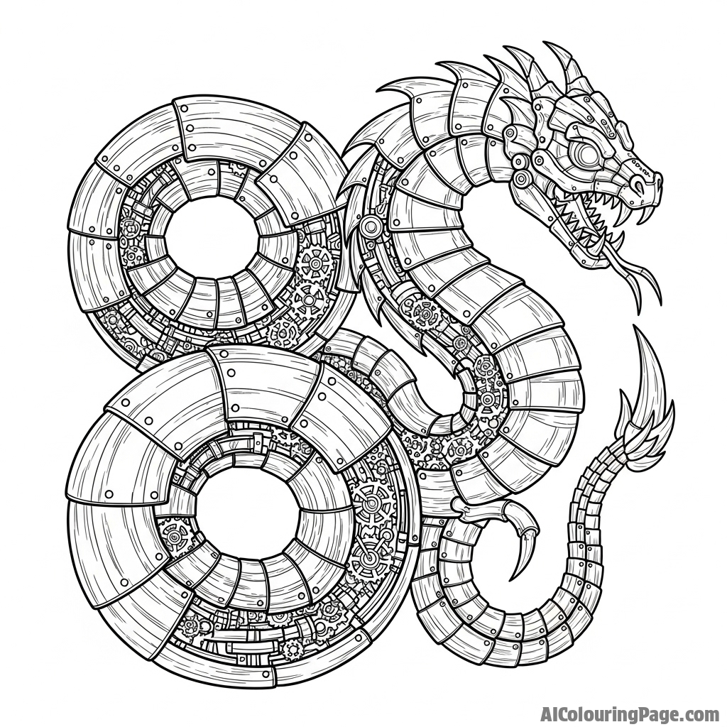 A mechanical, steampunk serpent with visible gears and cogs under its metallic plates.