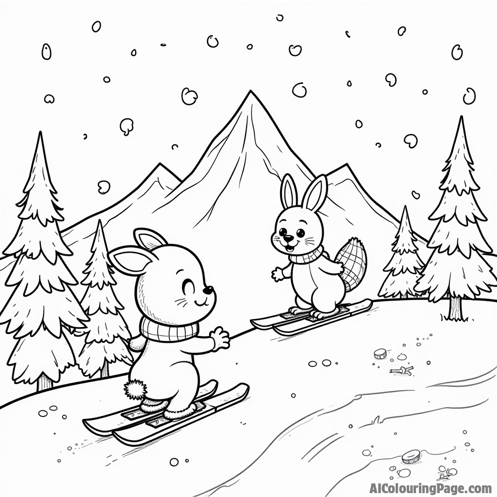 A cartoon mountain range with cute animals skiing, including a rabbit and a raccoon, enjoying the winter fun while snowflakes fall gently from the sky for a delightful coloring page.