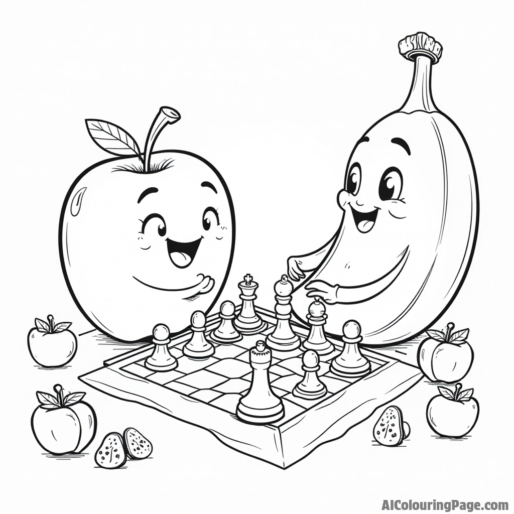 A playful apple and a banana playing chess in a friendly competition, surrounded by fruit-themed decorations.