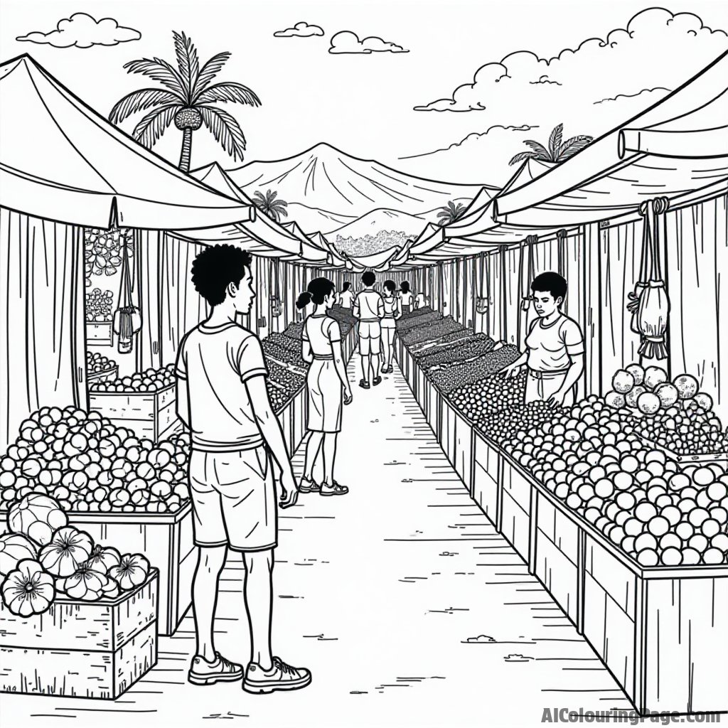 A vibrant African marketplace filled with fruits, textiles, and crafts, showcasing culture and commerce, inviting children to color the lively scene in black and white.