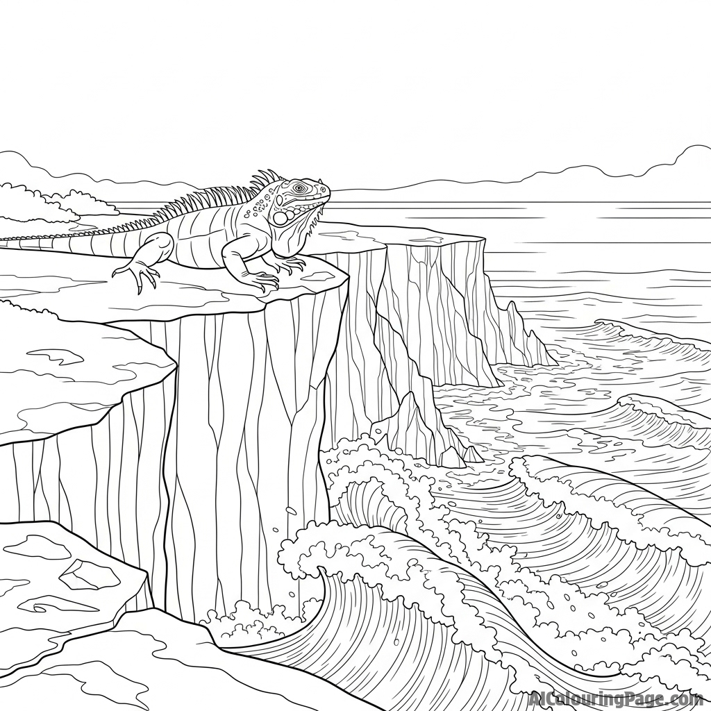 A wide-angle view of an iguana on a cliff overlooking a tumultuous sea.