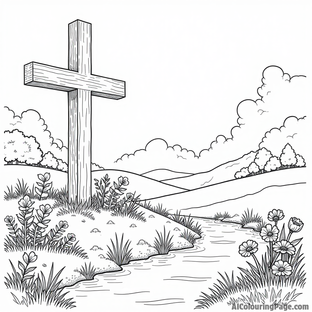 A serene landscape featuring a large wooden cross, beautiful flowers, and a gentle stream flowing nearby for peaceful coloring.