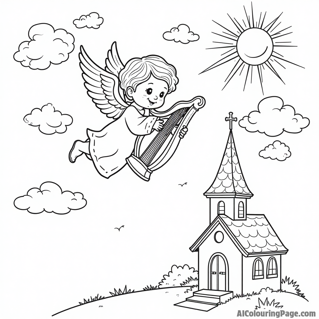 A friendly angel playing a harp above a church, with fluffy clouds and rays of sunshine shining down.