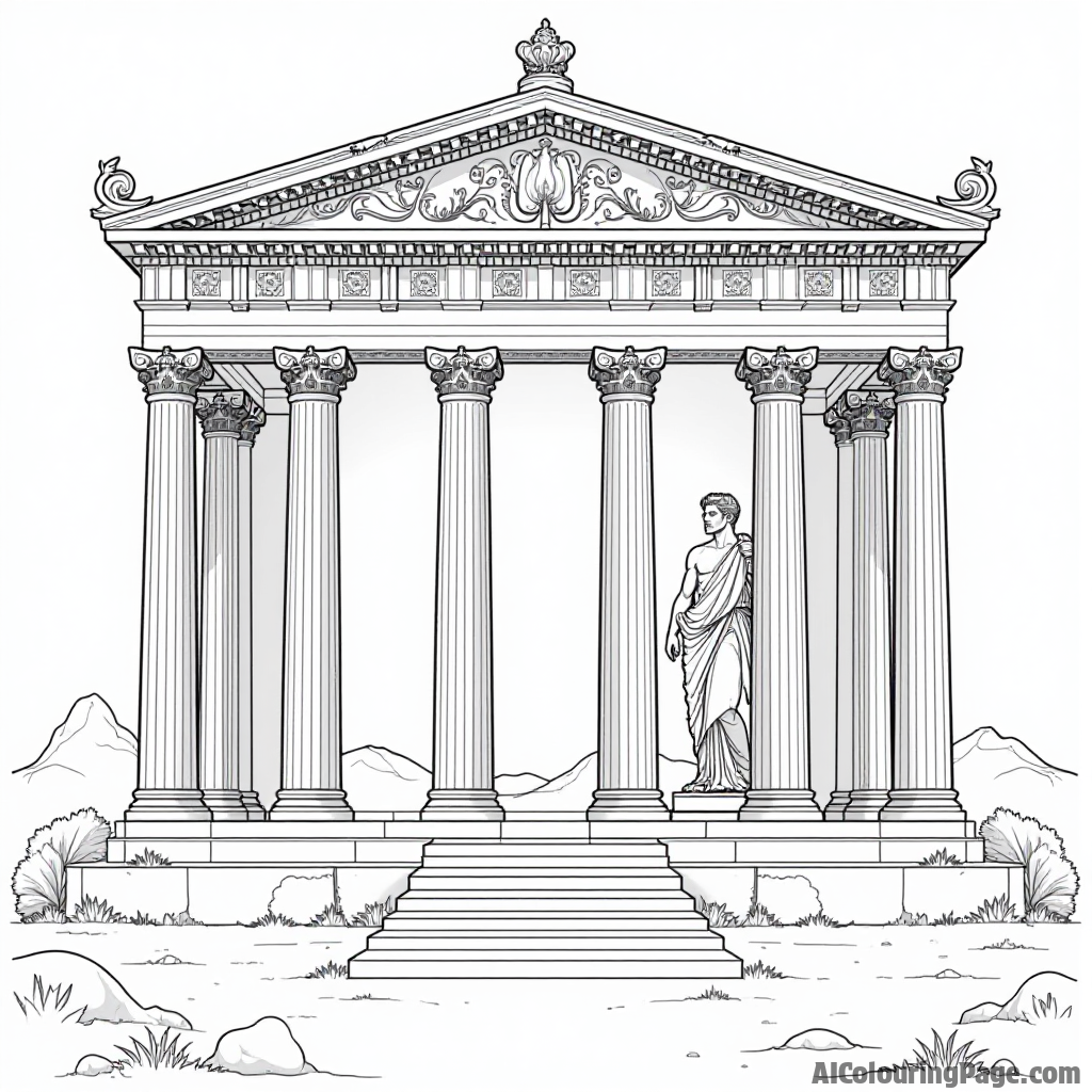 A Roman temple dedicated to Jupiter, with intricate pillars and a large statue, representing ancient religion and architecture for children to color and explore.