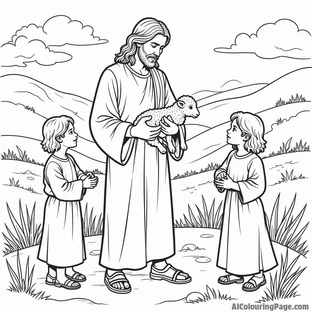 Jesus holding a little lamb, children gathered around, peaceful countryside background with rolling hills