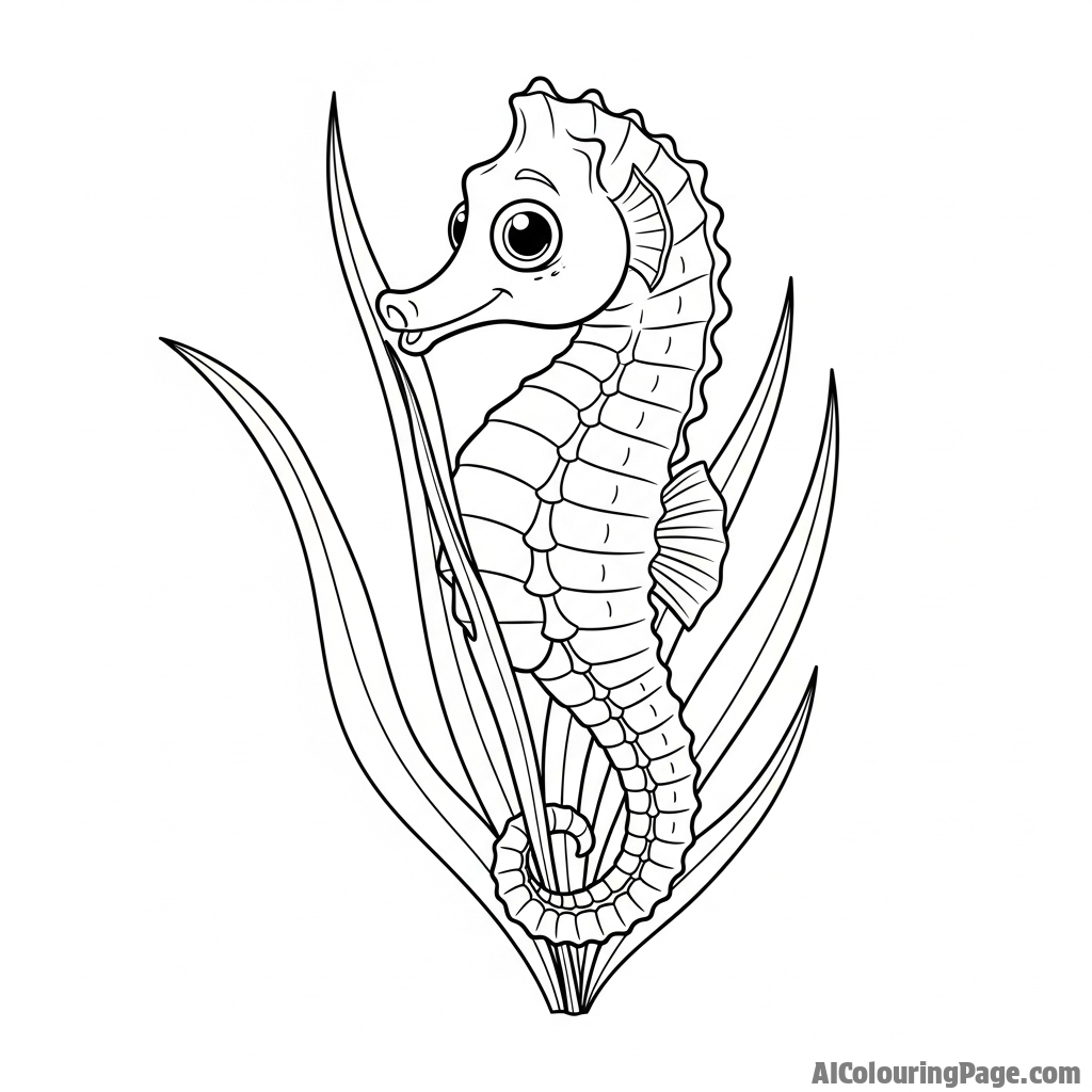 A seahorse clinging to a piece of seagrass with its prehensile tail