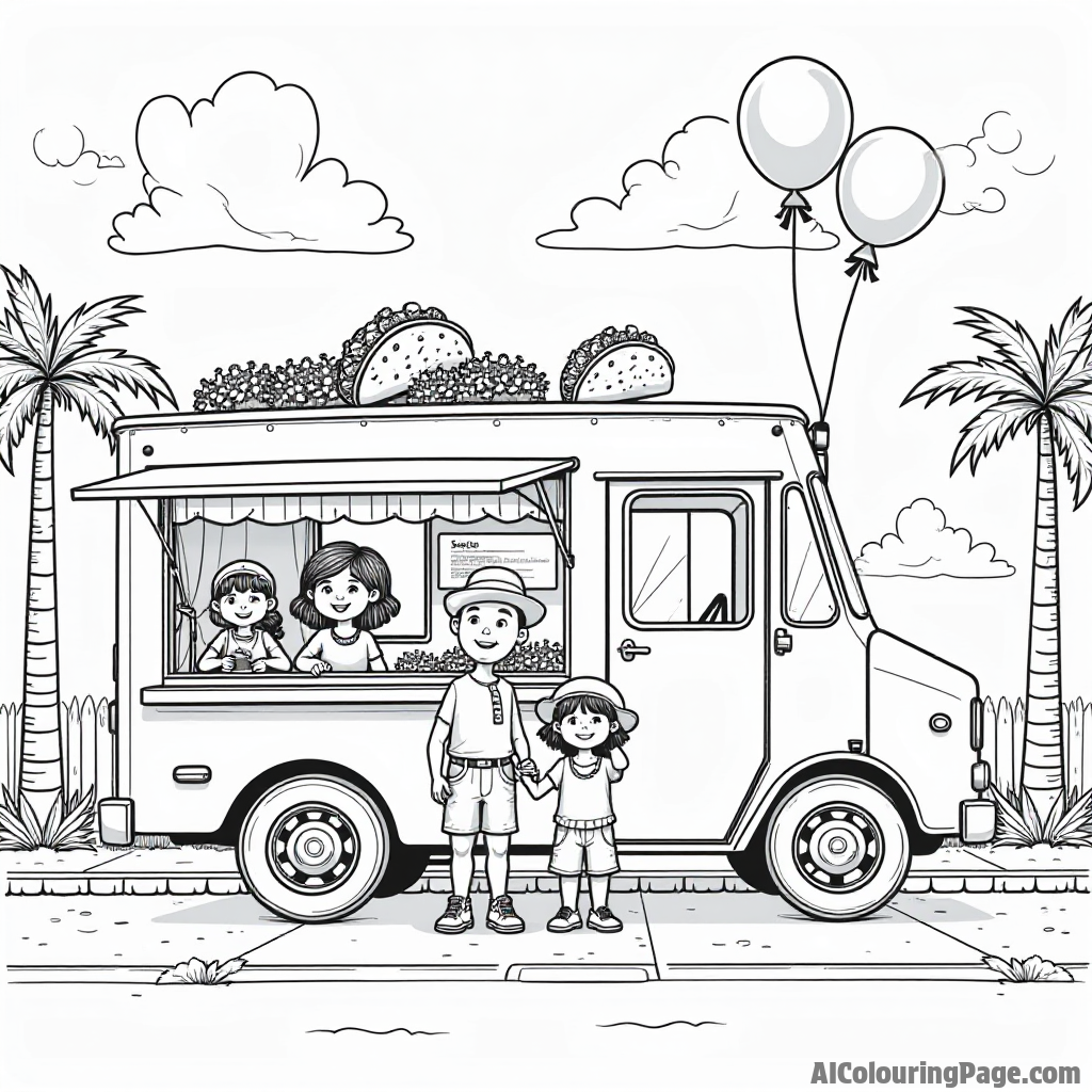 A happy taco truck parked at a vibrant street corner, with children enjoying tacos and balloons floating in the sky.