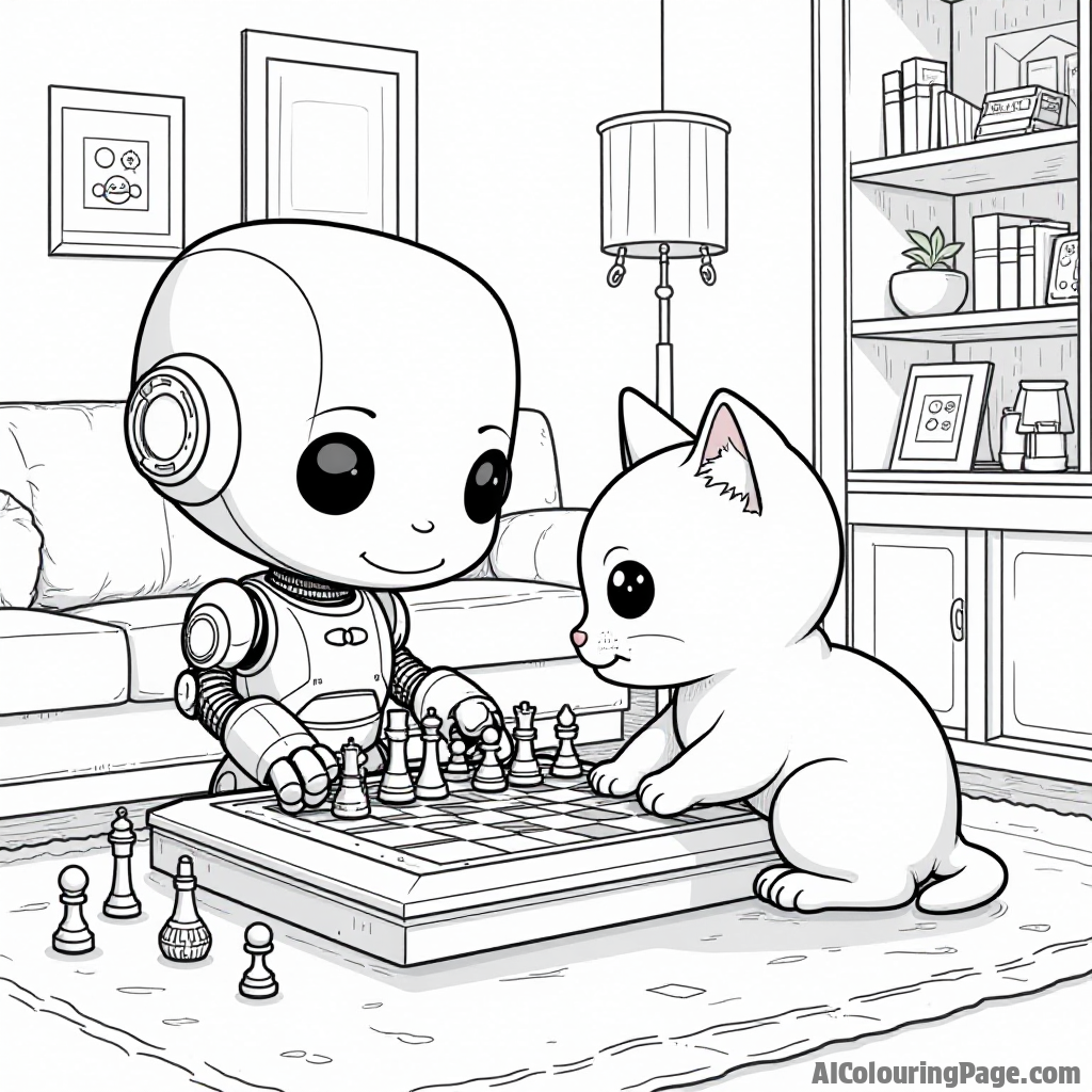 A Funko Pop robot playing chess with a cat, both focused on the game, set in a cozy living room filled with toys, providing a fun coloring experience for young artists.